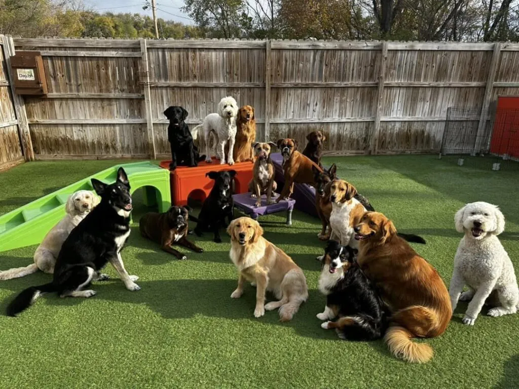 Dogs playing together in an outdoor daycare space