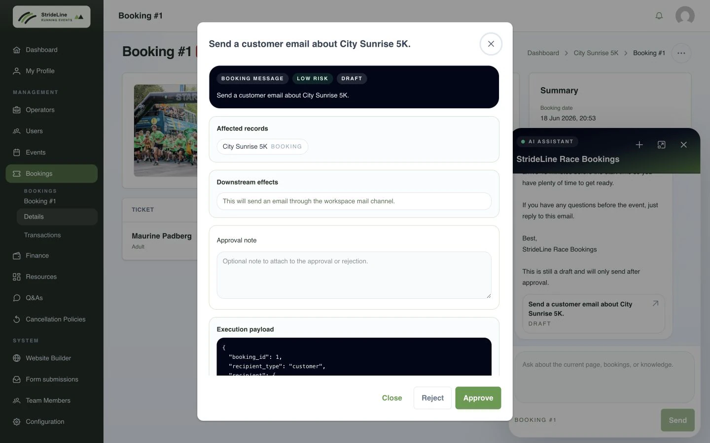 StrideLine portal showing an AI-drafted booking email awaiting review with affected records and approval controls