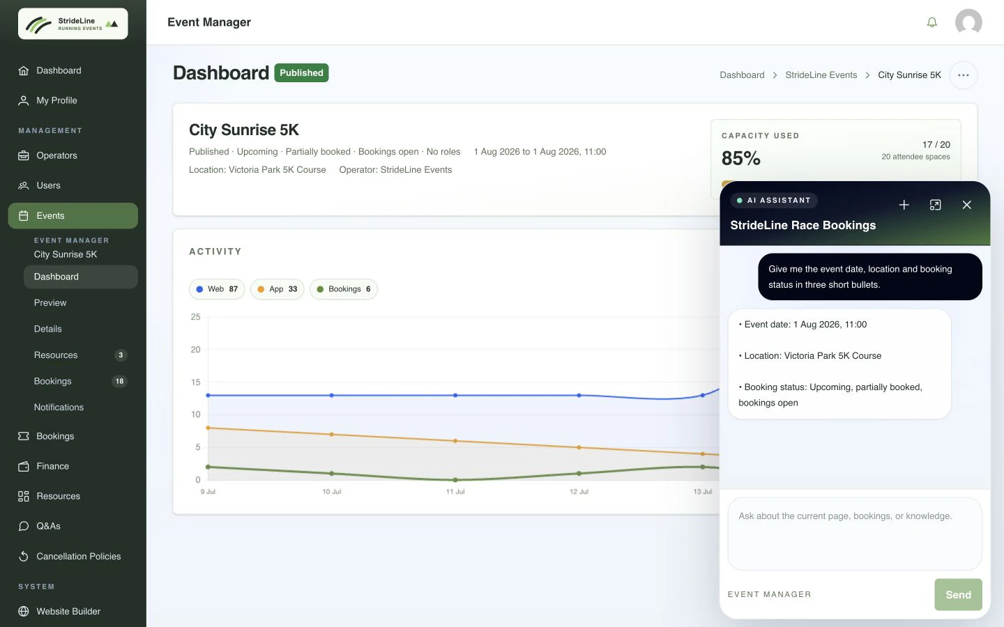 StrideLine portal showing the Lettari AI assistant answering an event capacity question in context