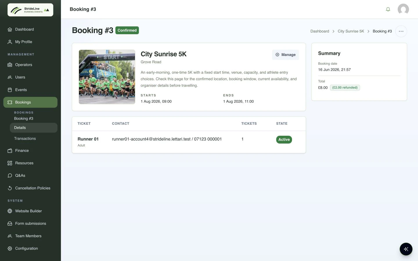 StrideLine portal showing a confirmed booking with participant and payment summary