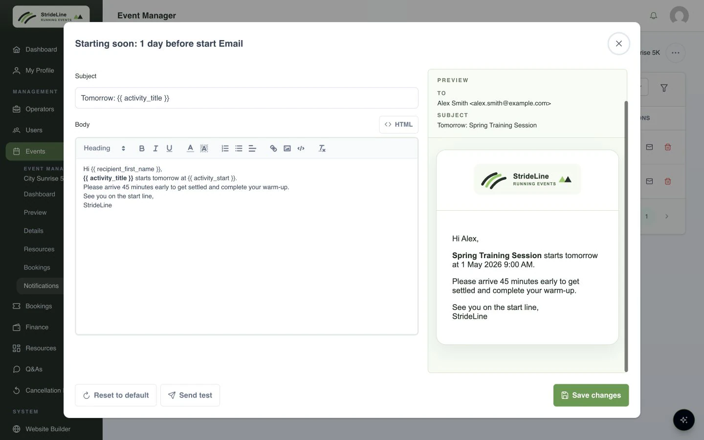 StrideLine portal showing a reusable event reminder being edited with dynamic booking details