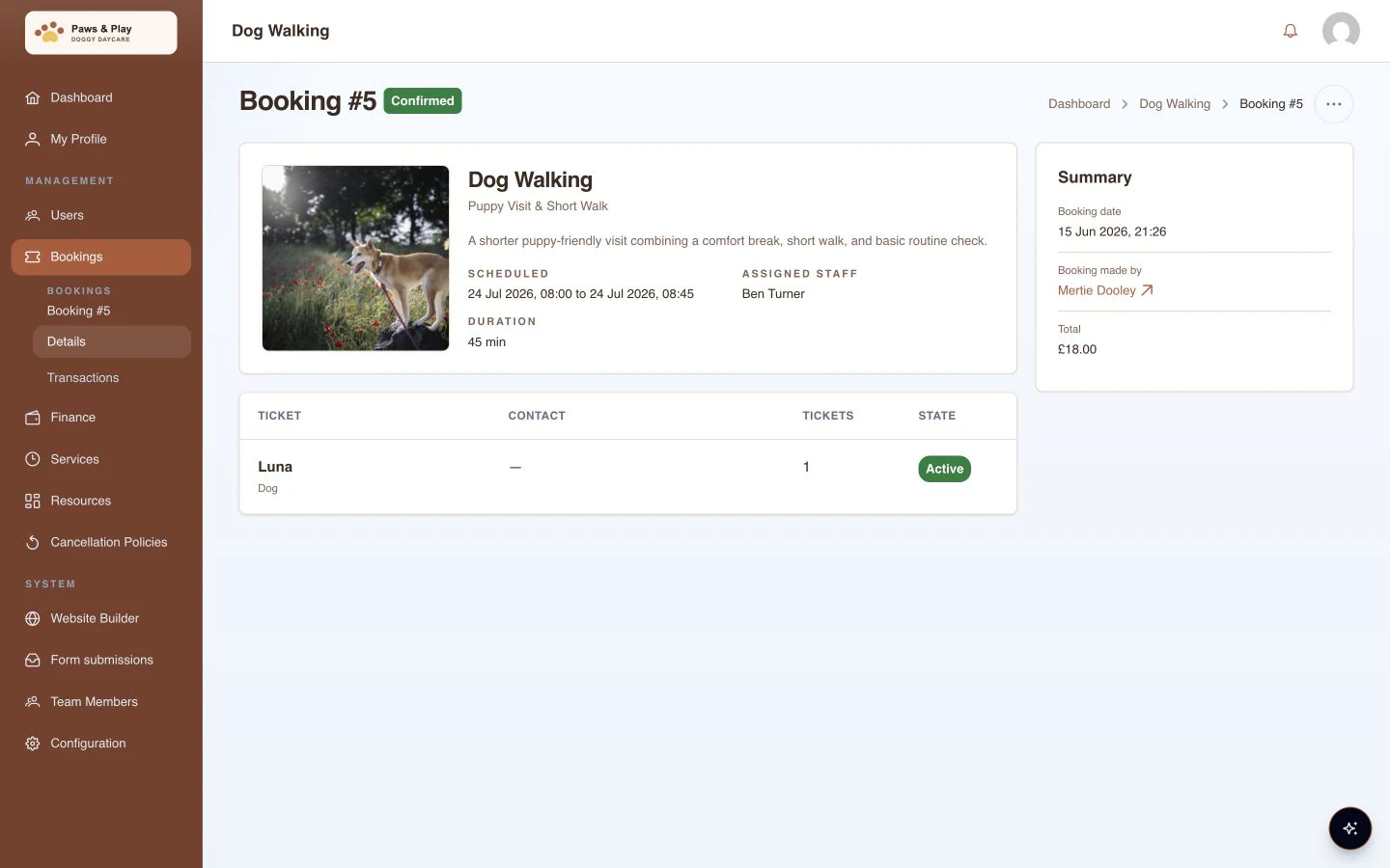 Paws & Play portal showing a confirmed dog walking booking with customer and participant details