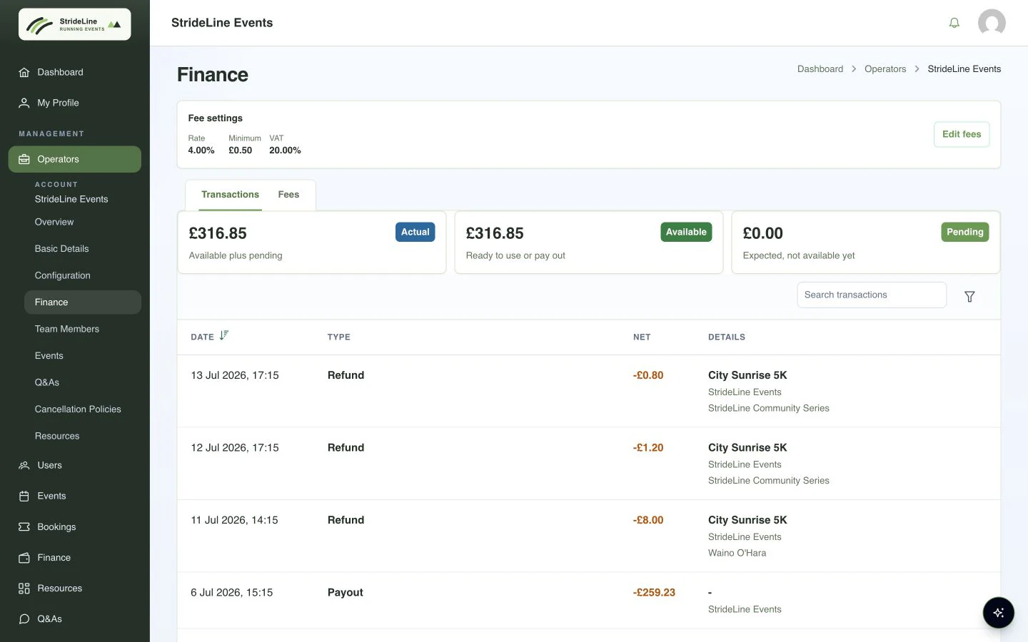 StrideLine portal showing available funds, fee settings, refunds, and payout activity