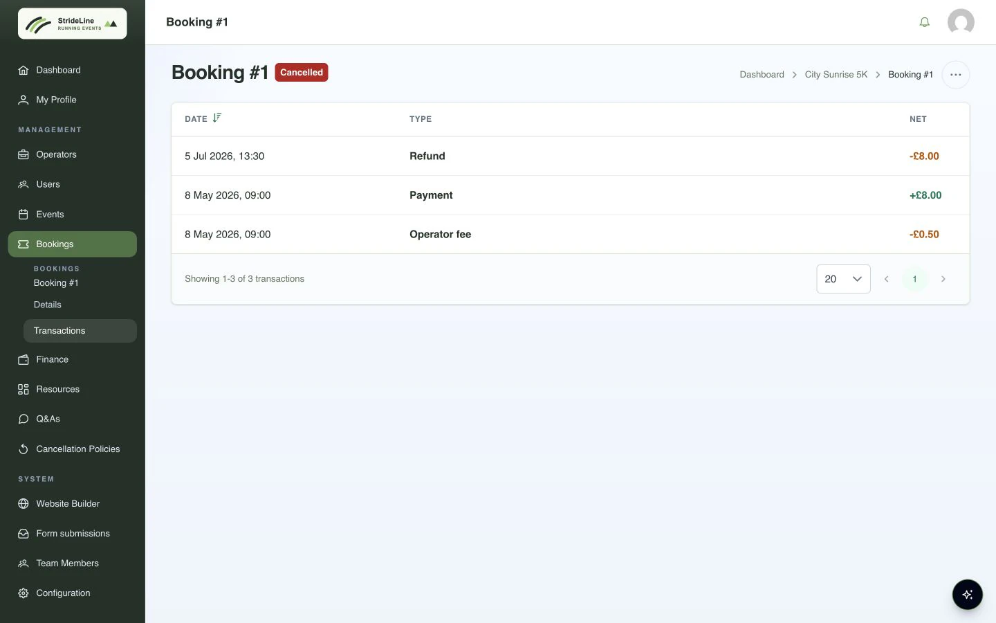 StrideLine portal showing the payment, operator fee, and refund history for a confirmed booking
