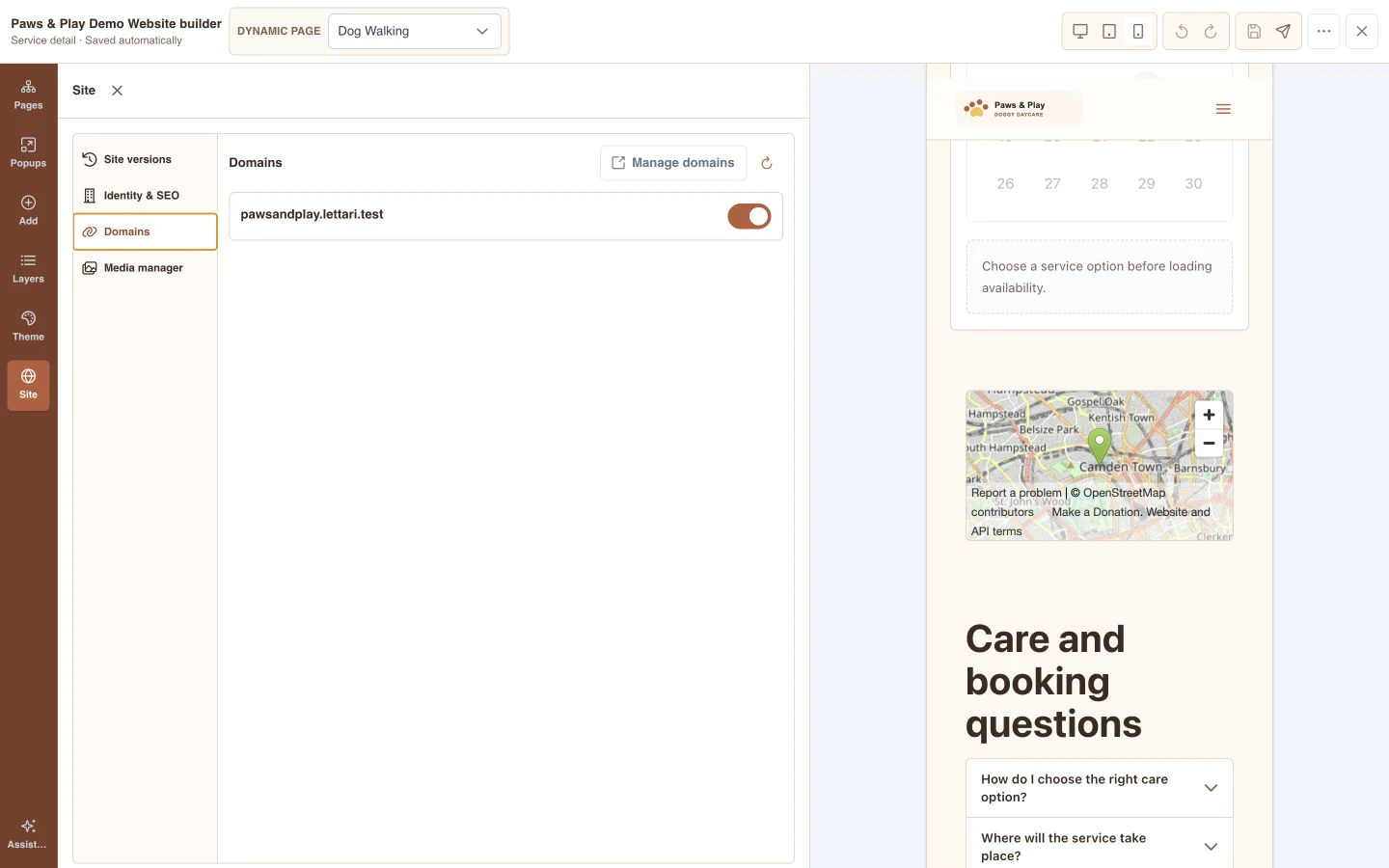 Paws & Play website builder showing its connected business domain