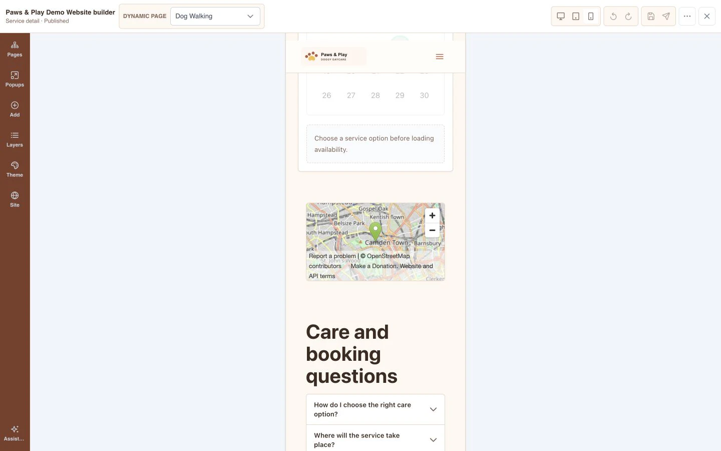 Paws & Play website builder previewing a live Dog Walking service template with options and availability