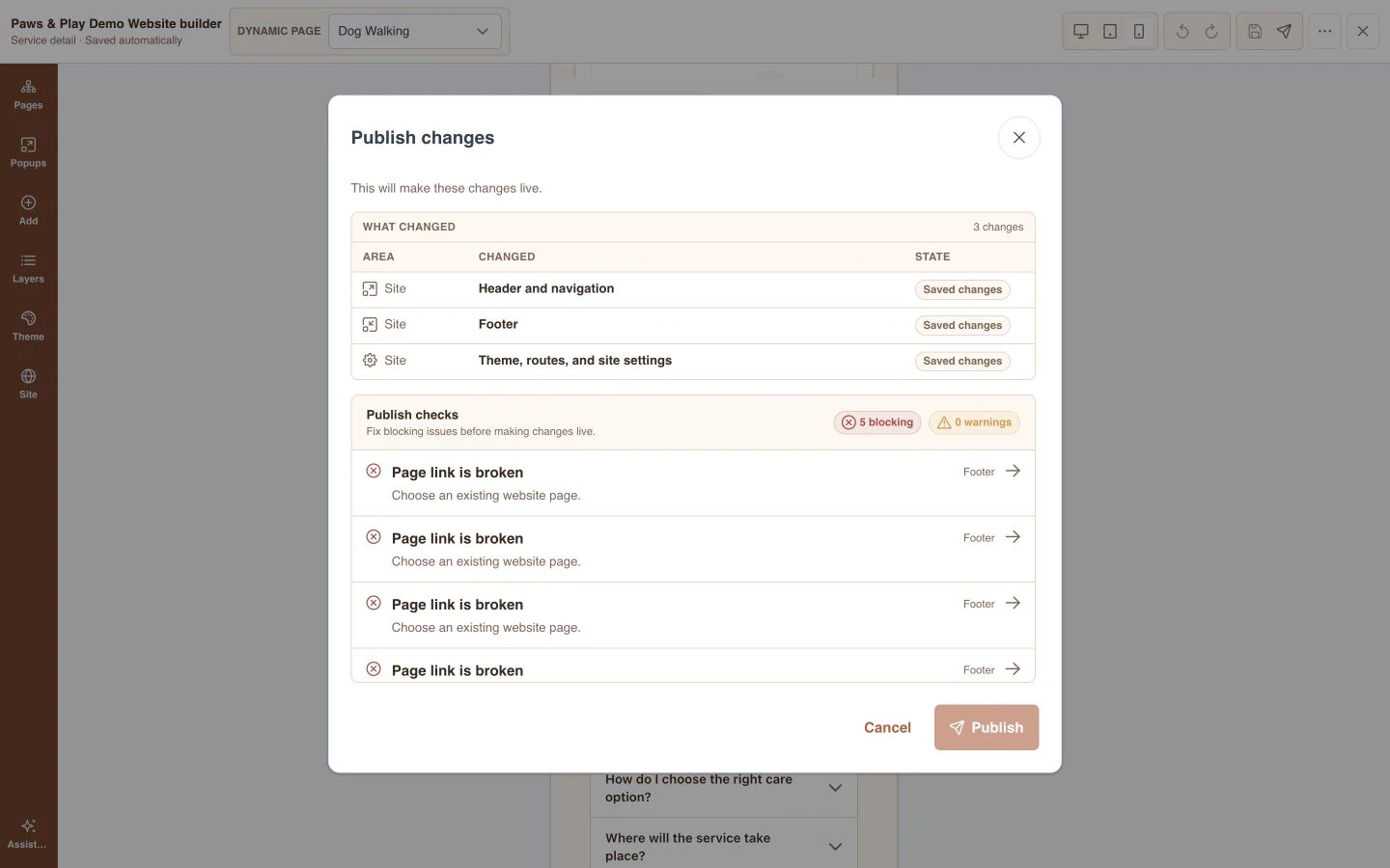 Paws & Play website builder showing the publish review and preflight checks before release