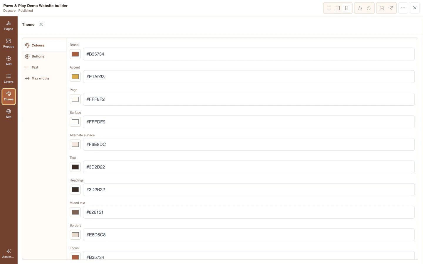 Paws & Play website builder showing brand colour controls beside the mobile page preview
