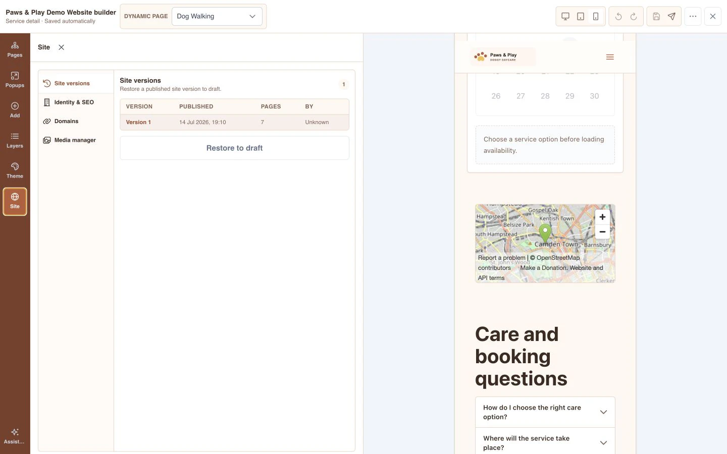 Paws & Play website builder showing published site versions and restore-to-draft controls