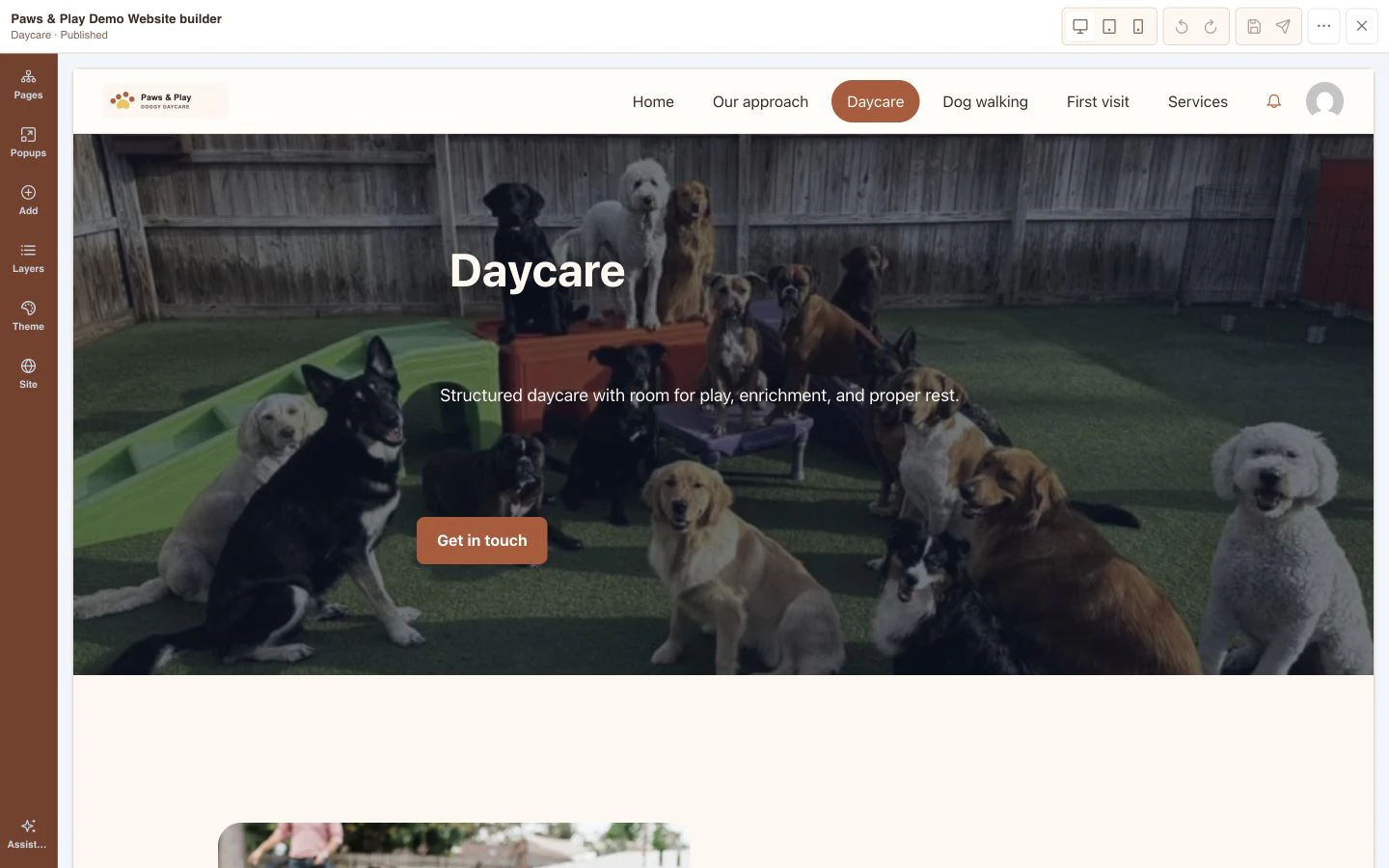 Paws & Play portal showing the visual website builder editing a branded homepage